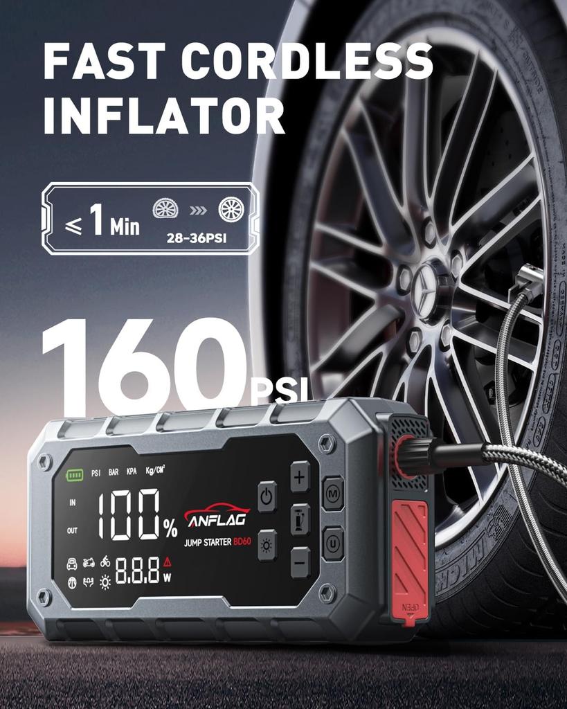 10-in-1 Car Jump Starter with Air Compressor, 8000A, 160PSI, PD65W, Portable Jump Box for Gas/14L Diesel