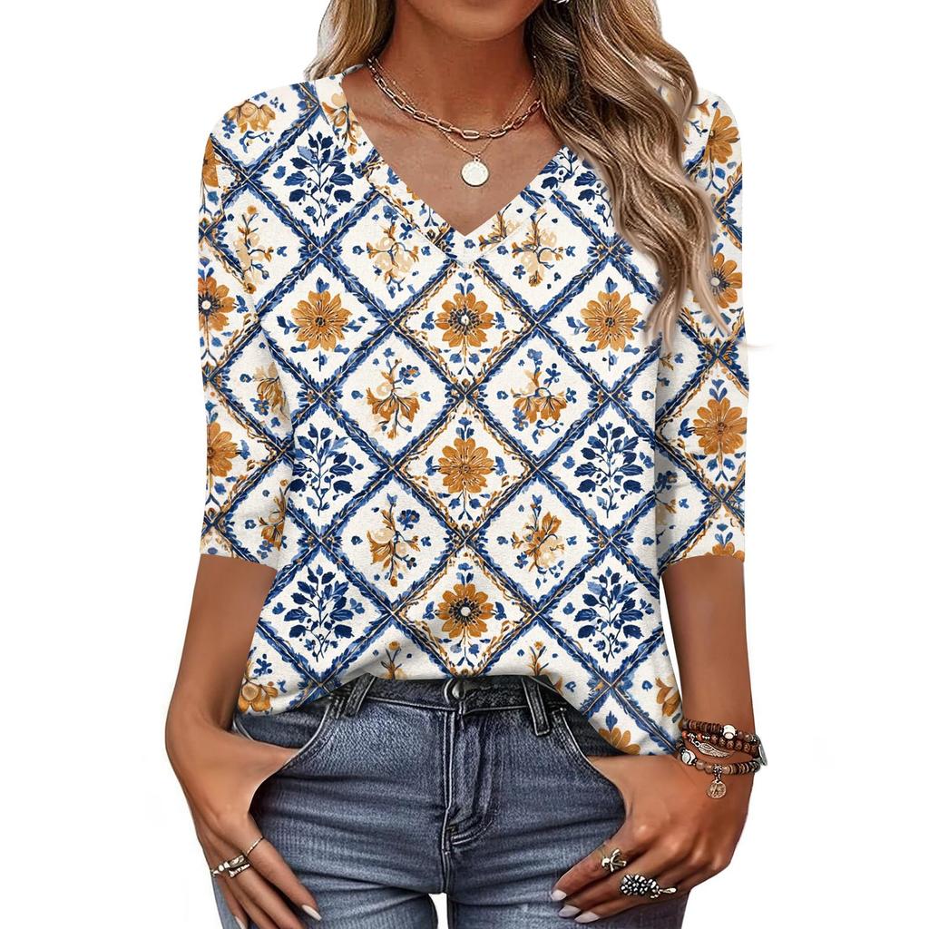 Dámské tričko s potiskem 3/4 rukáv denní víkendová móda základní véčkový výstřih běžný top