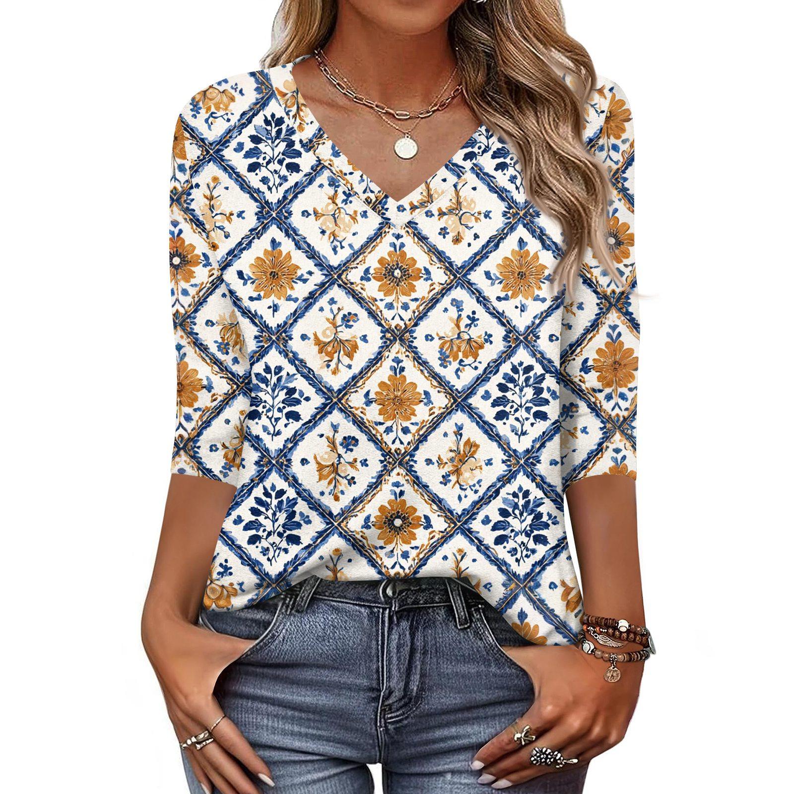 

Женская футболка с принтом, рукав 3/4, повседневная мода на выходные, базовый топ с V-образным вырезом M золотой