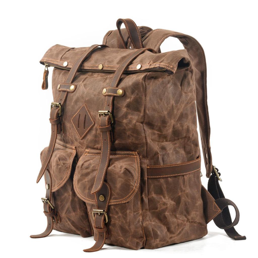 Men's Retro Waxed Canvas Backpack with Leather Trim, Multi-Pocket Design, Large Capacity for Outdoor Travel