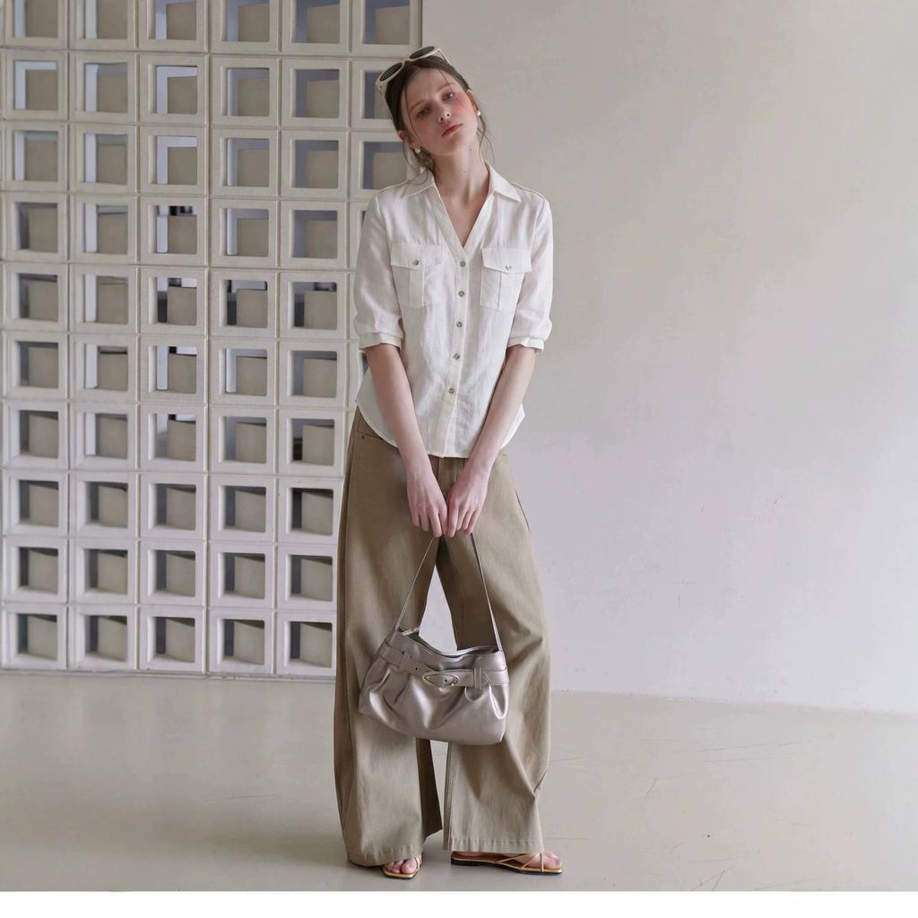 French white linen old money style shirt women's summer high-end cotton and linen waist shirt temperament five-quarter sleeve top