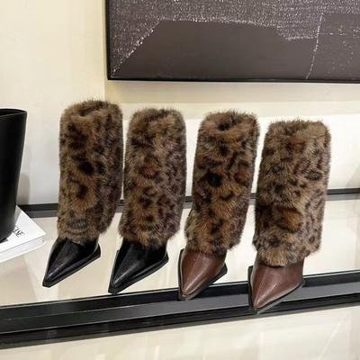 Scherpe Puntige Dunne Hak Luipaardprint Harige Korte Laarzen voor Dames Herfst Winter, Niche Broeklaarzen Hoge Hak Middelhoge Hak Laarzen