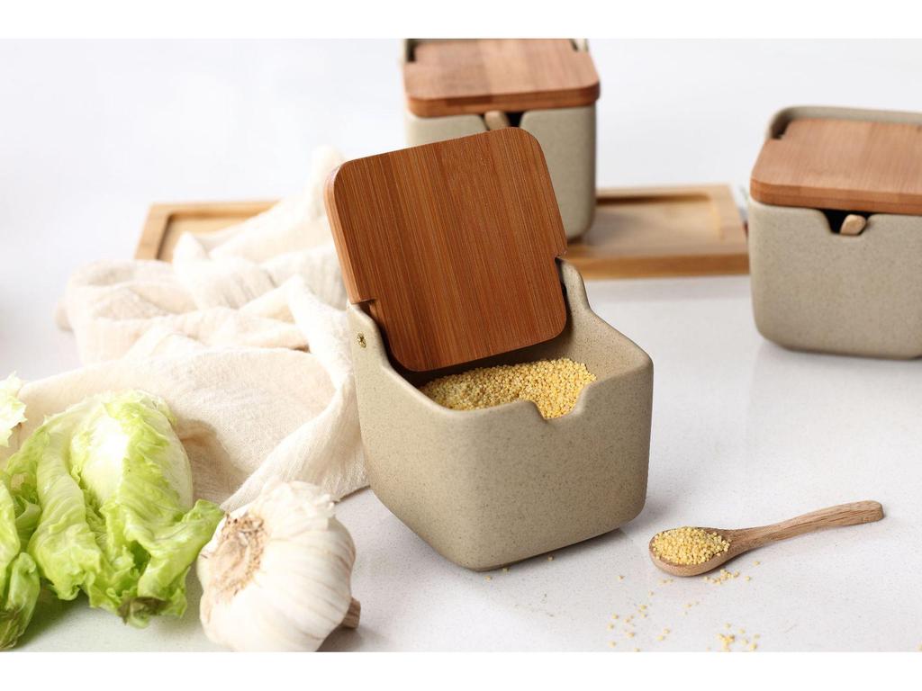 Japanese Ceramic Seasoning Jar Set with Bamboo Lids - Home & Restaurant Use