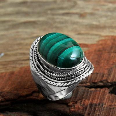 Anello in malachite, Anello di dichiarazione, Argento sterling 925, Gioielli fatti a mano, Gioielli in argento, Anello solido