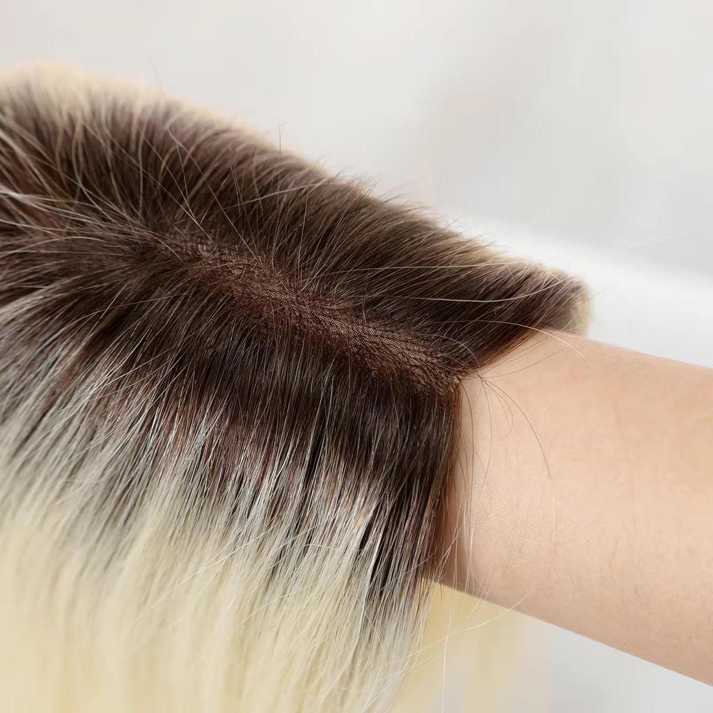 HAIRCUBE Light Blonde 14 Inch Human Hair Toppers with Dark Roots for Women 4 Clips Pieces with Thinning Hair In Mono Lace Base Toppers