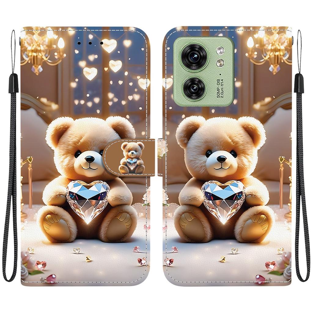 Handmade PU Leather Flip Case for Motorola Edge 40 Anti-Slip Shockproof Cover with Wrist Strap & Heart/Rose Cat Designs