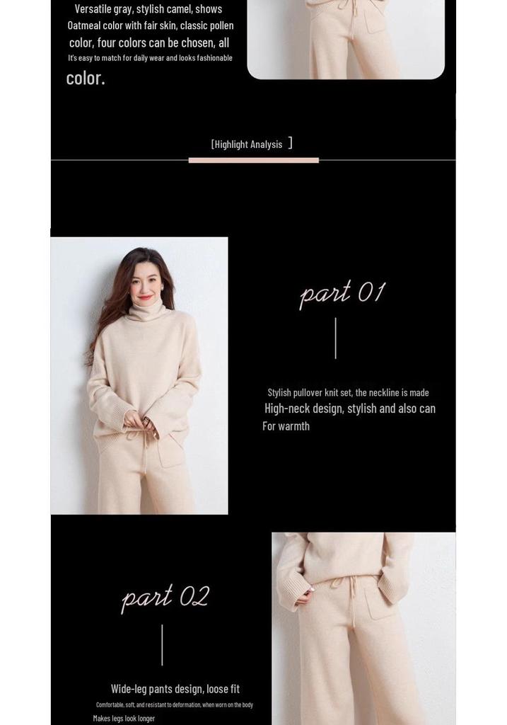 Women's 100% Pure Wool Two-Piece Set: High Neck Sweater & Wide-Leg Knit Pants for Autumn