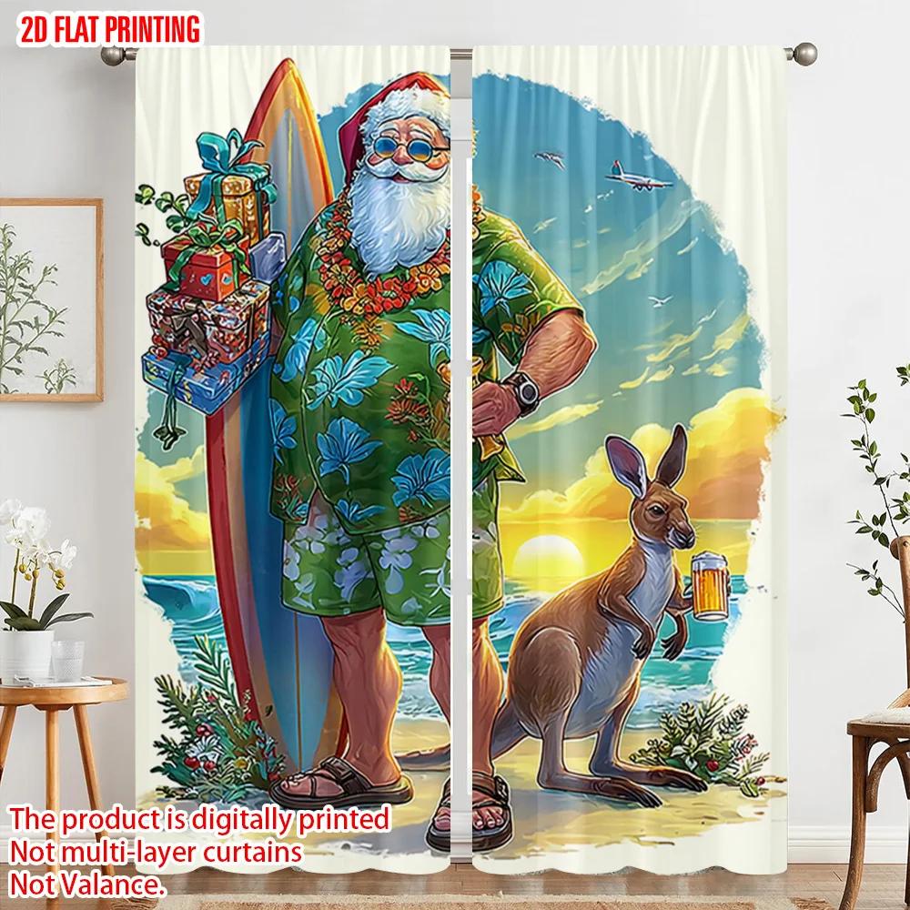 2pcs, plane printing Creative Curtains Tropical Beach Santa Surf Durable 100% Polyester Fabric (without rod) Art Deco Festive