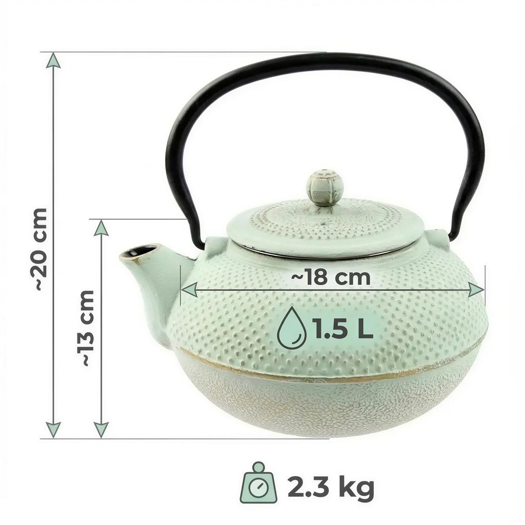 Cast Iron Kettle 1.5L Mint Infuser Steel Strainer For Herbal Tea