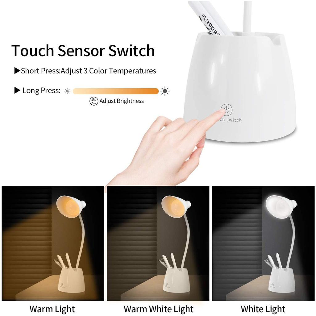 LED Rechargeable Touch Dimmable Desk Lamp with Flexible Neck and Pen Holder for Office Study Bedroom Lighting
