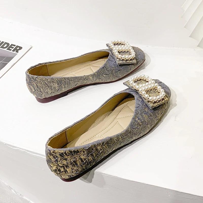 Fashion 2024 New Spring and Autumn Square Head Shallow Women's Shoes Low Heel Fashion Soft Sole Women's Shoes Flat Pearl Single Shoes