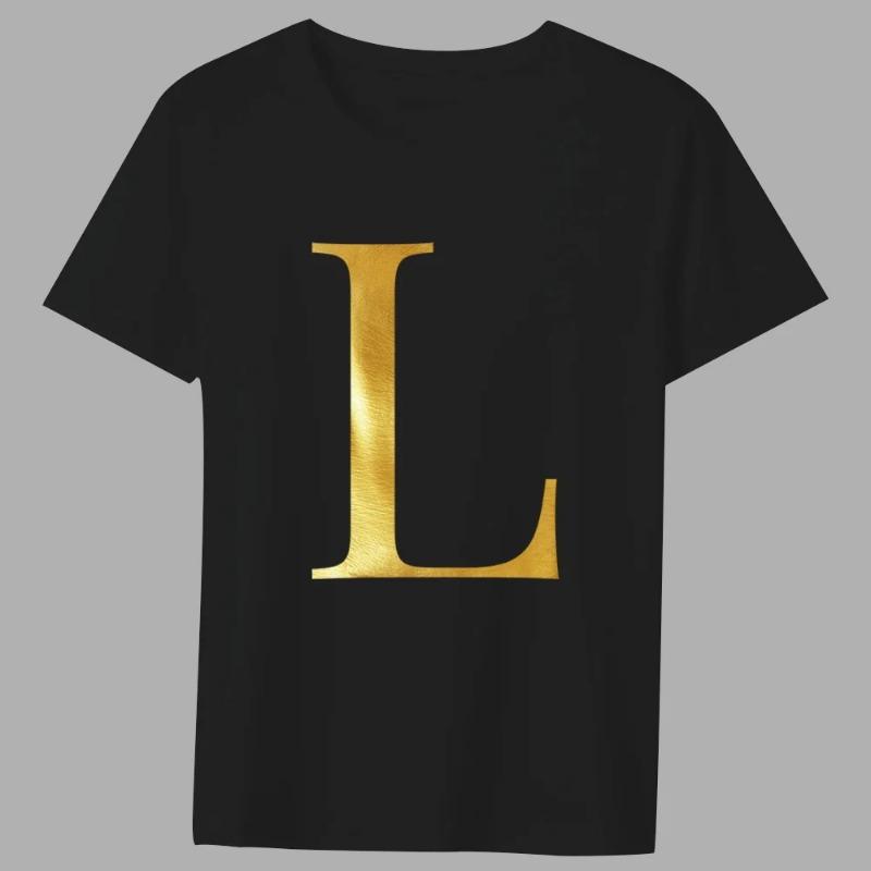 Fashion T-shirt Black Men's 26 English Letters Gold Printing Pattern Series Casual Round Neck Commuter Comfortable Top T-Shirts Men’s