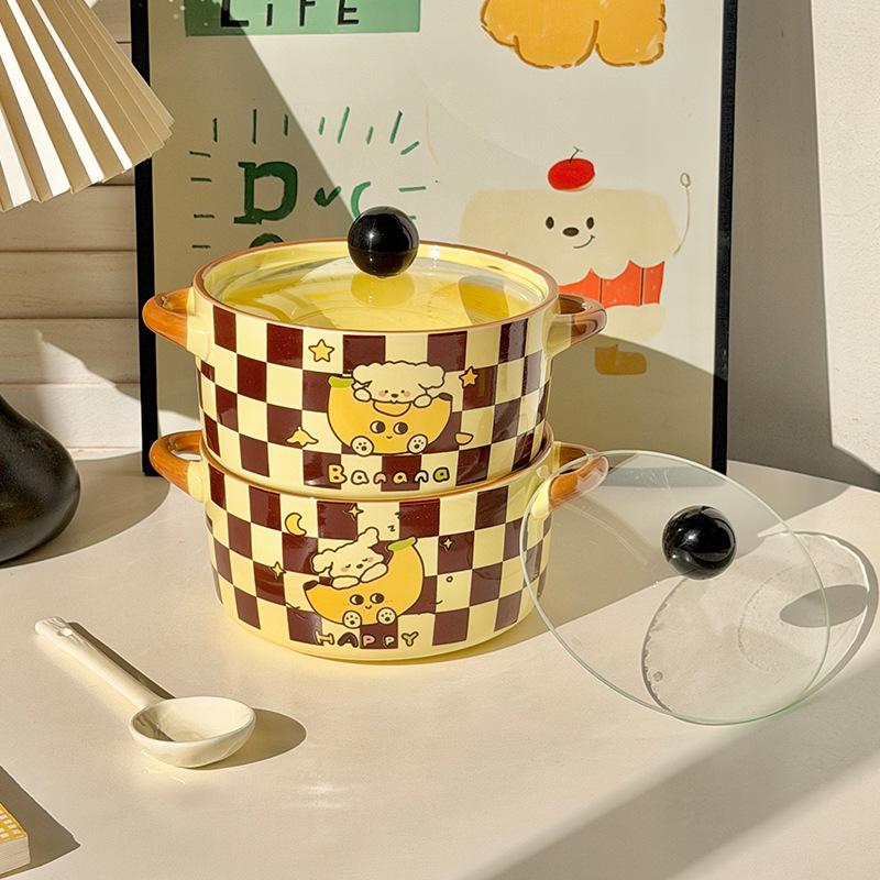 ins cute cartoon puppy ceramic binaural instant noodle bowl with lid new snail powder student dormitory for dinner