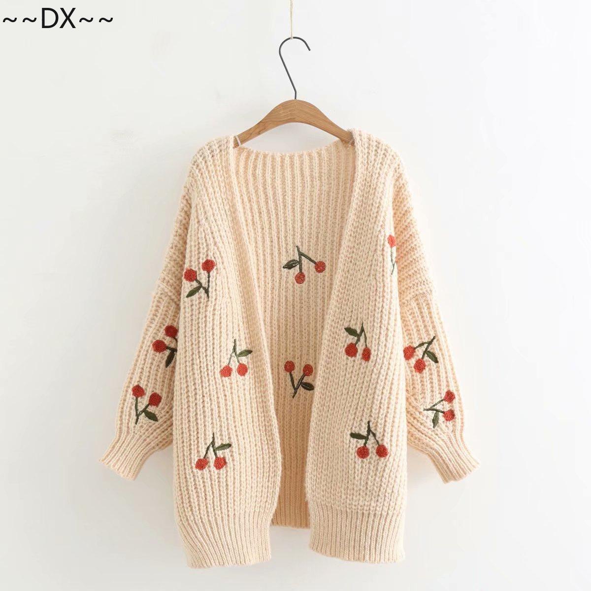 

Новый осенне-зимний милый свитер-кардиган больших размеров с вышивкой морского конька и вишни 0nes ize абрикосовый