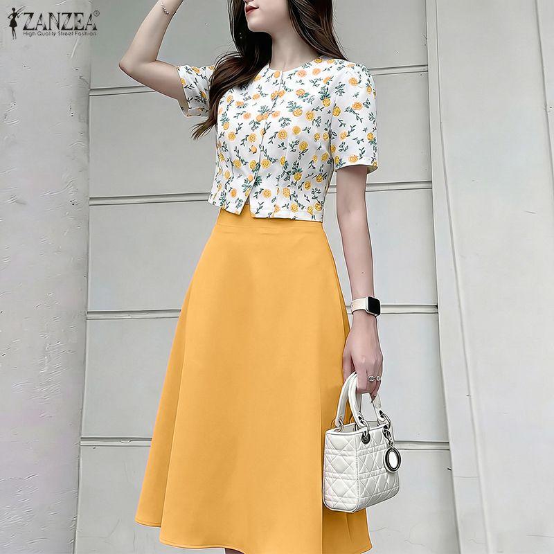 ZANZEA Completo estivo due pezzi da donna con blusa a maniche corte floreale e gonna midi