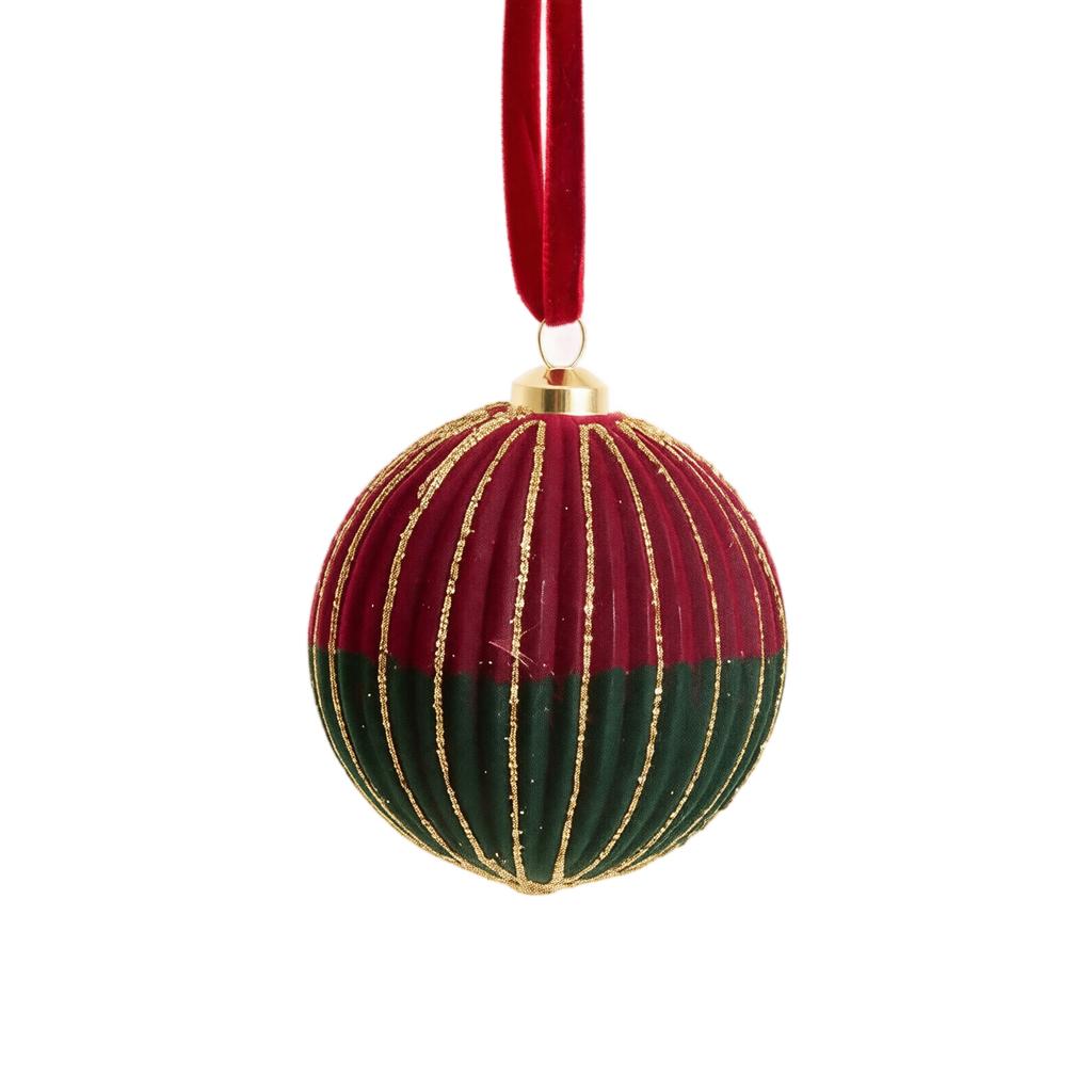 Flocked Christmas Ball Ornaments, Red and Green Vintage, Christmas Tree Hanging Decor, Round