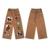 American Vintage Denim Wide Leg Jeans Couples Loose Straight With Dachshund Dog Embroidery Casual All Season Pants