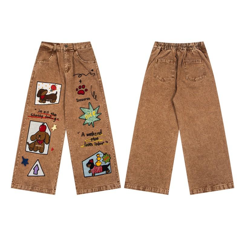 American Vintage Denim Wide Leg Jeans Couples Loose Straight With Dachshund Dog Embroidery Casual All Season Pants