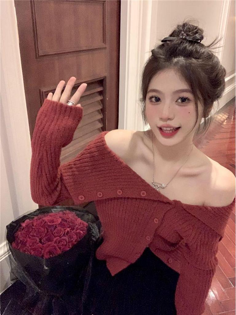 Korean Style Off-Shoulder Knit Cardigan - Women's Autumn/Winter Slim Fit Sweater with Turn-Down Collar