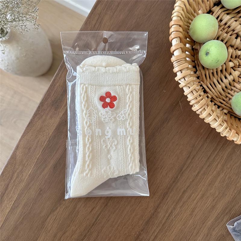 2025 Women's Mid-Calf Socks: Autumn/Winter Style with Little Red Flower Embroidery, Sweet Rabbit Velvet, Thickened for Warmth