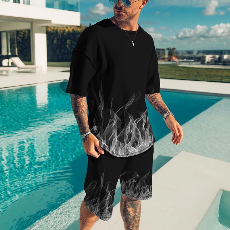 3D Print Flame T-Shirts Shorts Sets Men's Casual Tracksuits Fashion Oversized Short Sleeve T Shirt Pants Suits Clothing