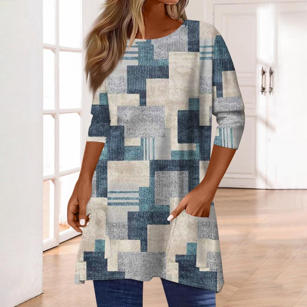 3/4 Sleeve Tops For Women T-Shirt Casual Print Tops T Shirt Round Neck Pullover  Blouse