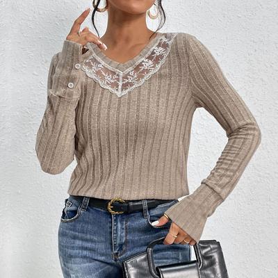 Fashion Casual Tops Shirts Clothing Fashionable and Casual Temperament Spring and Autumn Women's Splicing Solid Color Long Sleeve V-Neck Knit Sweater