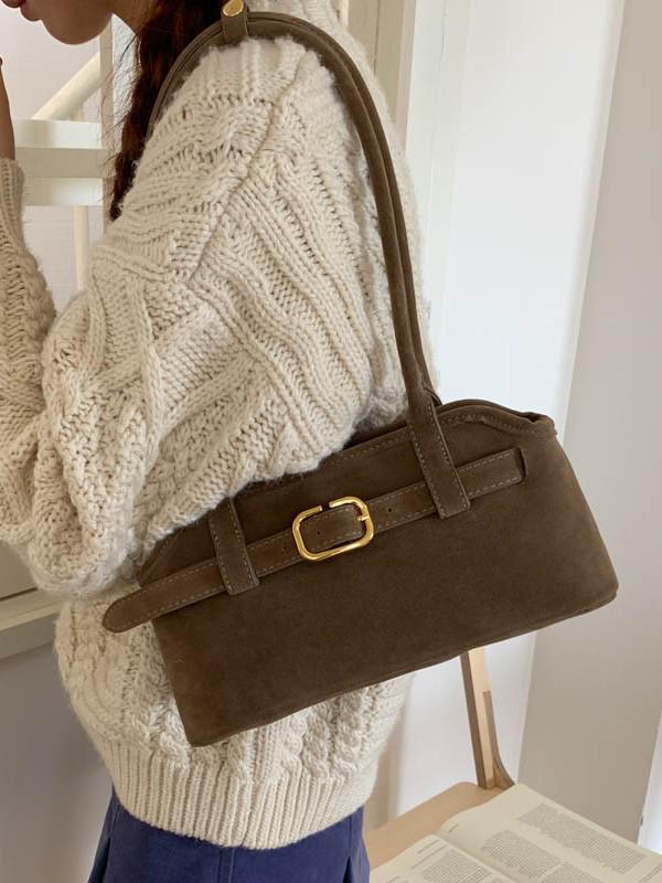 Women's Luxury Suede Shoulder Bag - Retro Matte Design, French-Inspired Baguette for Autumn/Winter