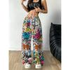 Wind Color Graffiti Printed Wide-leg Pants, High-waisted Drawstring Elastic Waist, American Street Style Casual Sports Trousers