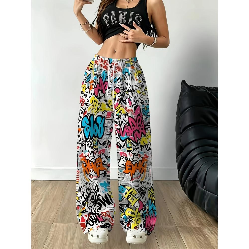Wind Color Graffiti Printed Wide-leg Pants, High-waisted Drawstring Elastic Waist, American Street Style Casual Sports Trousers