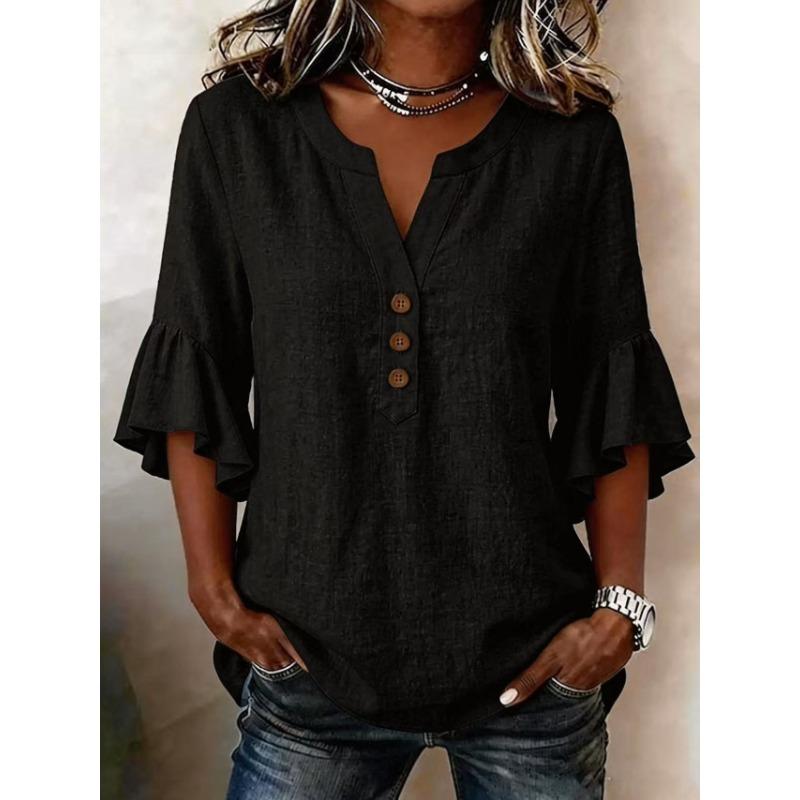 Women Light Blue V Neck Button Detail Ruffle Half Sleeve Linen Blouse S чёрный