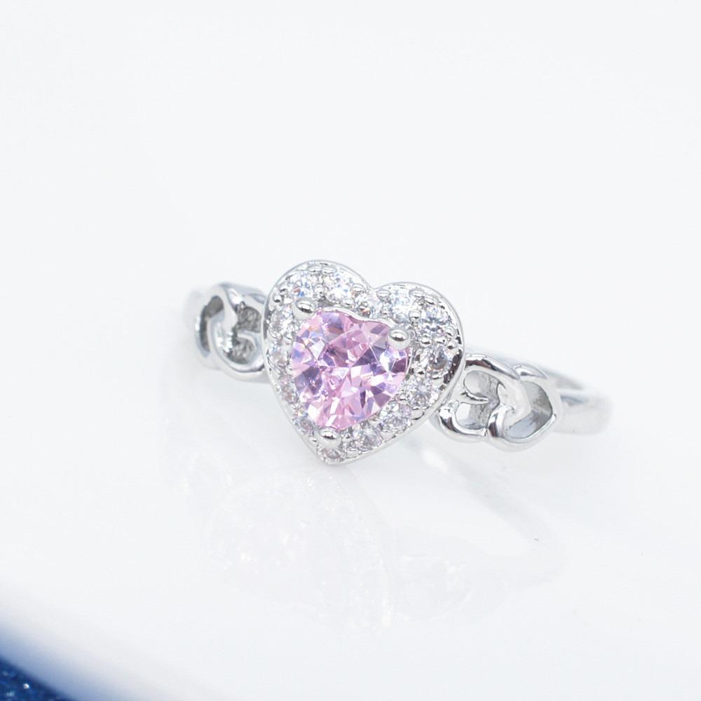 Heart Shaped Pink Zircon Crystal Micro Pave Ring Silver White Gold Plated Jewelry for Women