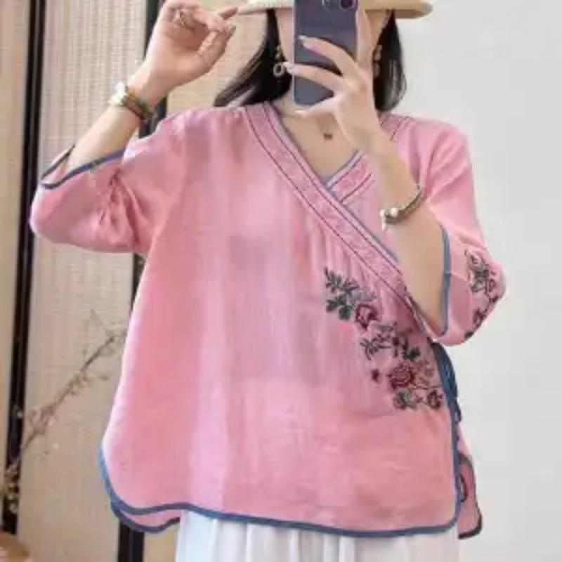 Damen chinesischer Stil Leinen Oberteil Stickerei Wickel vorne Lässige Bluse