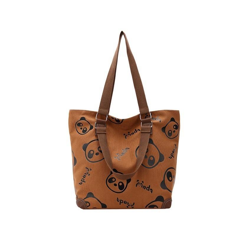 Black Green Brown White Panda Canvas Tote Bag With Large Capacity