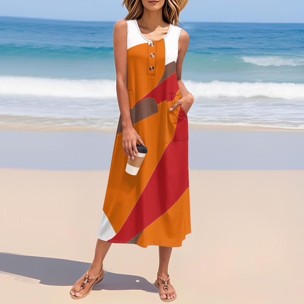 Women's Summer Vintage Color-block Patchwork Print Dress Sleeveless Button Down Casual Loose Long Beach Sundress