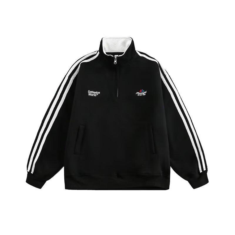 Unisex Fleece-Lined Stand Collar Half-Zip Hoodie: Thick, Embroidered, Trendy, Loose-Fit, Autumn/Winter, Heavy-Weight Jacket.