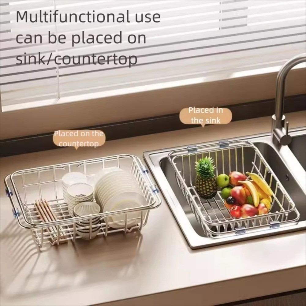 Telescopic Sink Drain Basket Stainless Steel Adjustable Kitchen Storage Organizer Space Saving Multi-functional Dishwashing Rack