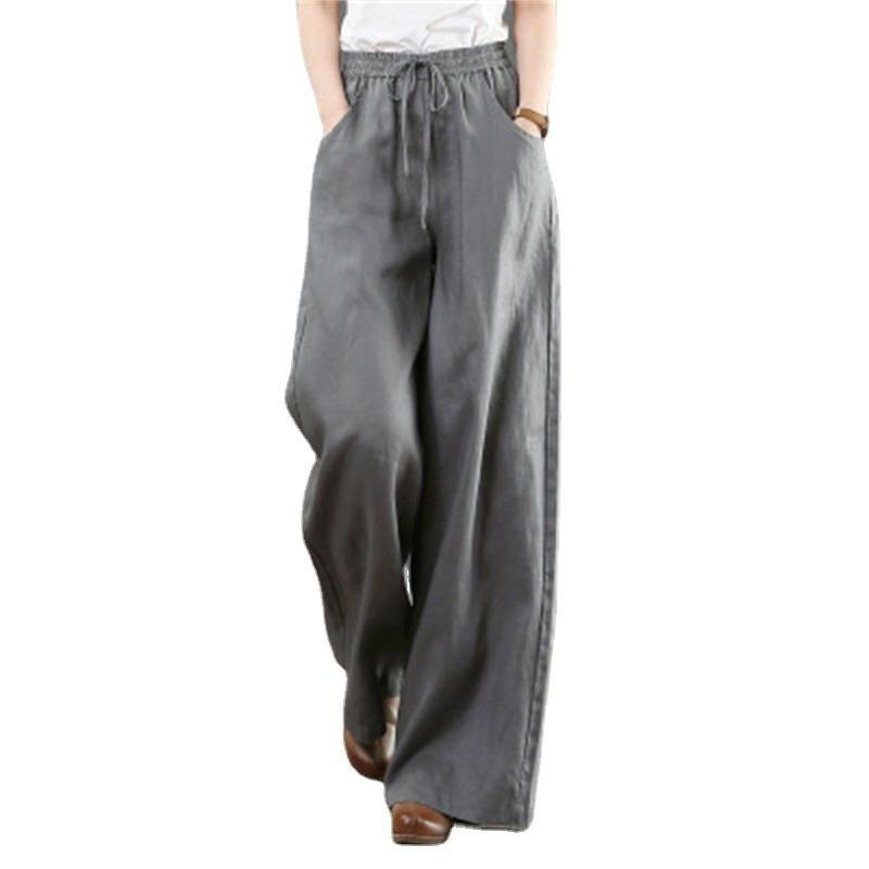 Casual Cotton and Line Plus Size Women Wide Leg Pants Korean Fashion Spring Summer Loose High Waist Pants Ladies Solid Color Elegant Trousers 1097