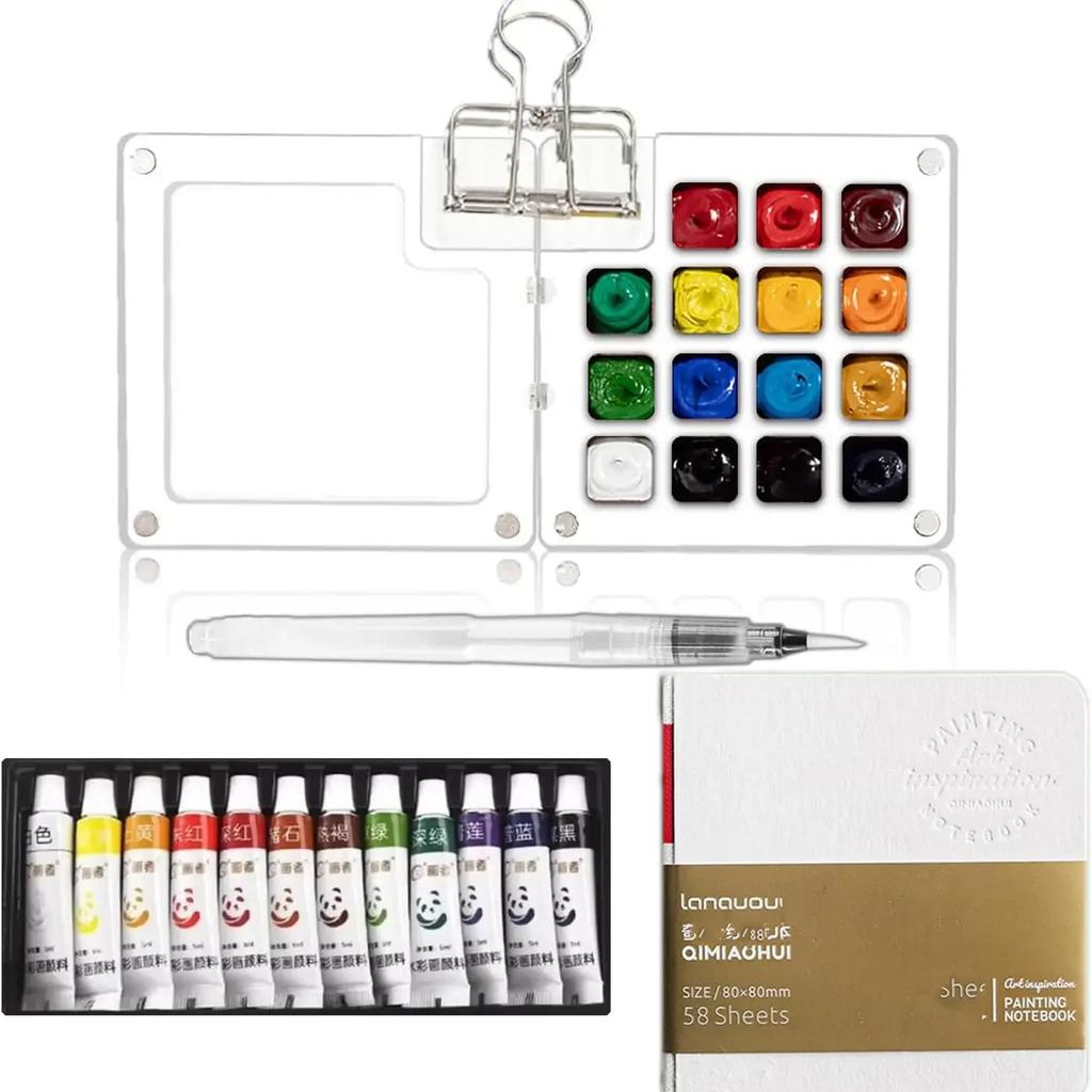 Portable Watercolor Set Travel Palette Sketchbook Brush Pens Binder Clips For Artists Students Painting Tools Drawing Supplies
