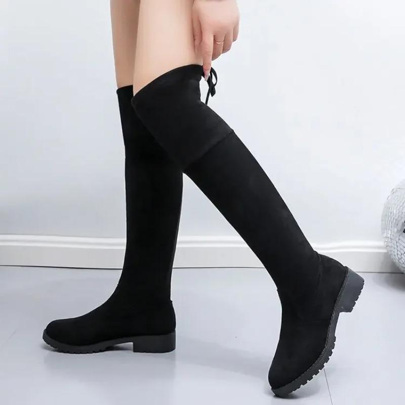 Plus Size Women's Long Tube Boots Autumn/Winter New Elastic Slimming Boots Flat Bottom Fleece-Lined High Tube Boots Woman Shoes