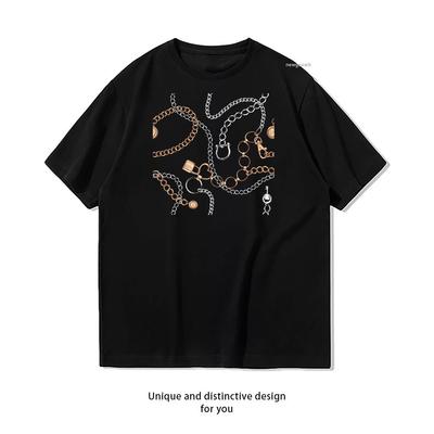 Chic Chain Accents Cotton T Shirt Unisex Adult Couple Streetwealtops Tee Short Sleev Casual