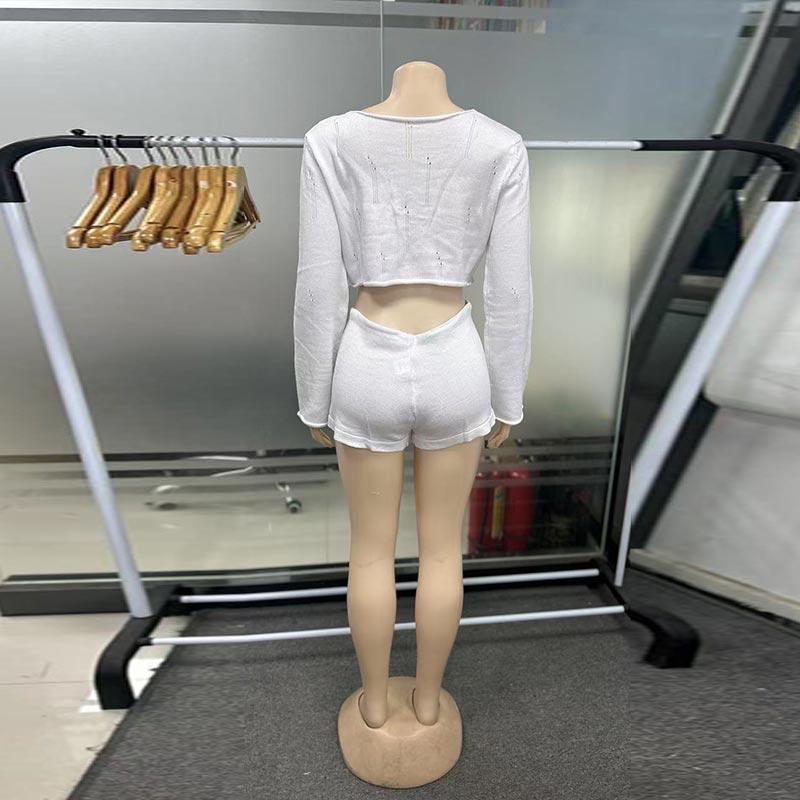 Casual Knit Shorts Suits Women O Neck Long Sleeves Bandage Tops Sets Female Spring Summer Lady Beach Sets 2 Pieces