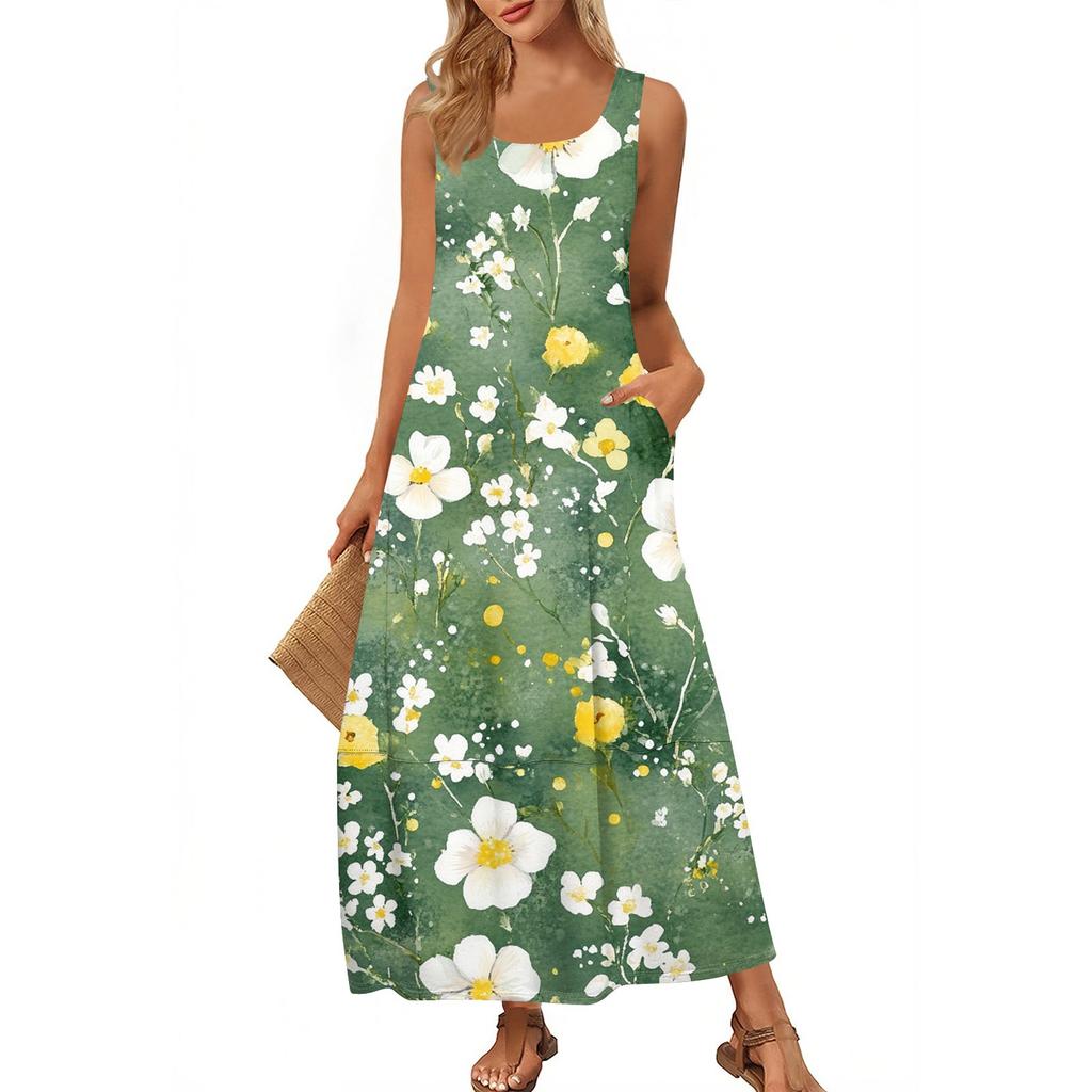 Lässiges bodenlanges Sommerkleid für Damen, Sommer-Strandkleid, Rundhalsausschnitt, ärmellos, lockerer Aufdruck