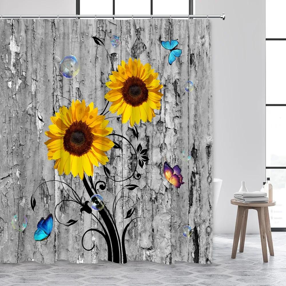 Sunflower Shower Curtain Natural Floral Butterfly Rustic Vintage Shabby Wood Board Flower Print Fabric Bathroom Decor With Hooks