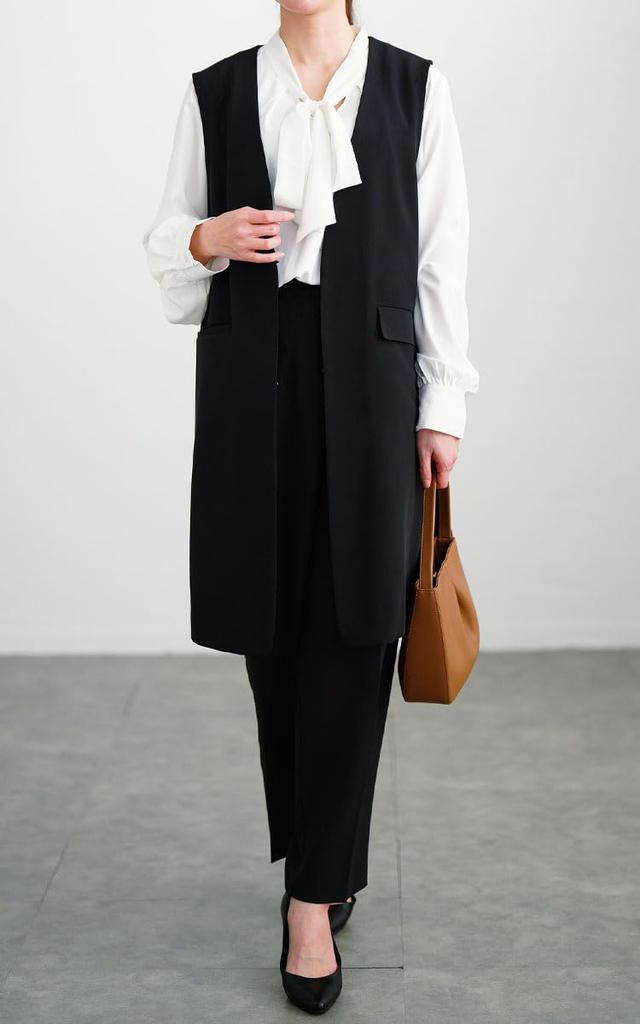 Large Size Suit Set Vest Pants Blouse Bowtie Stretch Formal Commuting Autumn Spring Fall Winter 3L Black [Gold Japan] Women's Mnst-552205