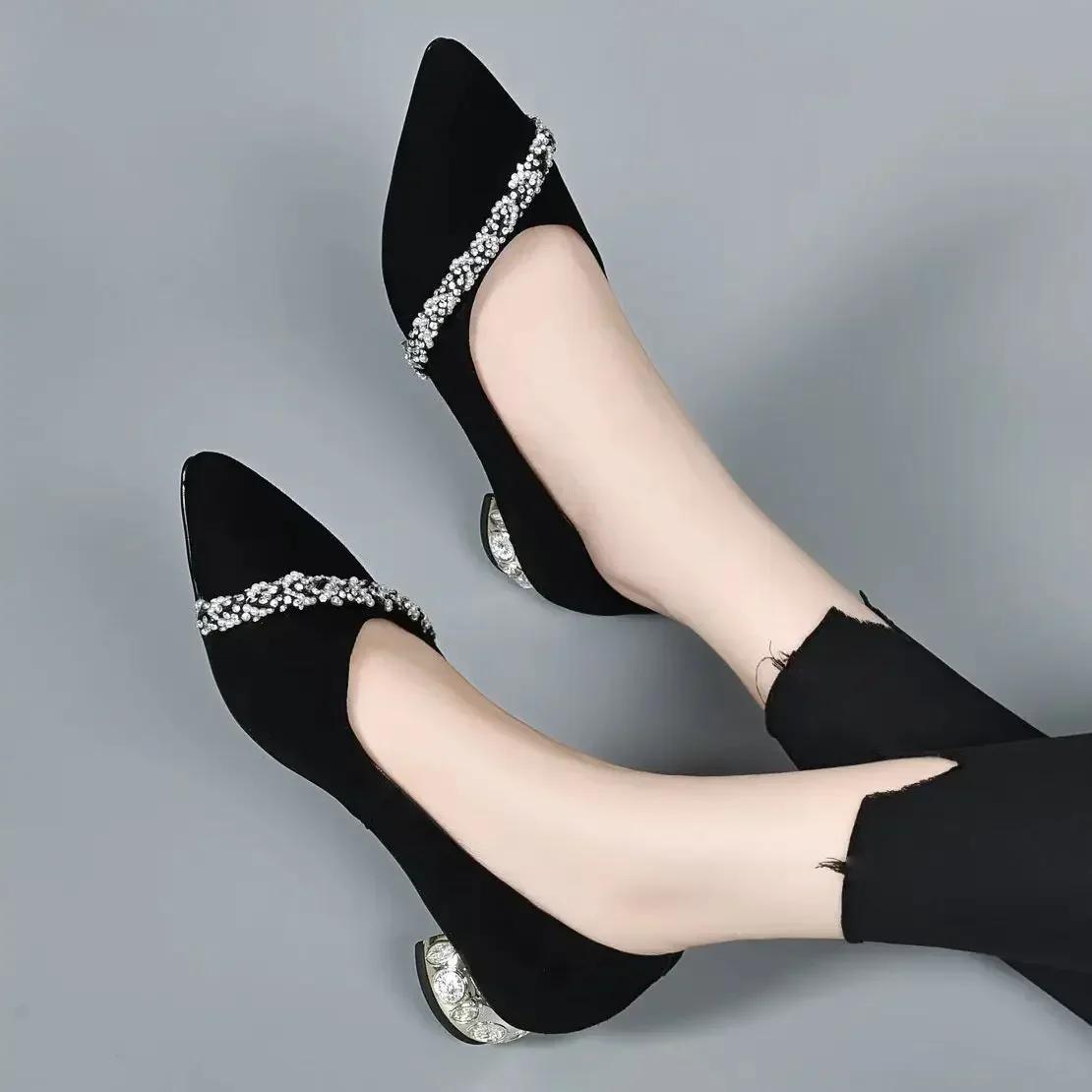 

2024 Women s Diamond Shoes for Woman Rhinestone Office Low Heel Elegant with Crystals Black Stylish Shoes 35 чёрный