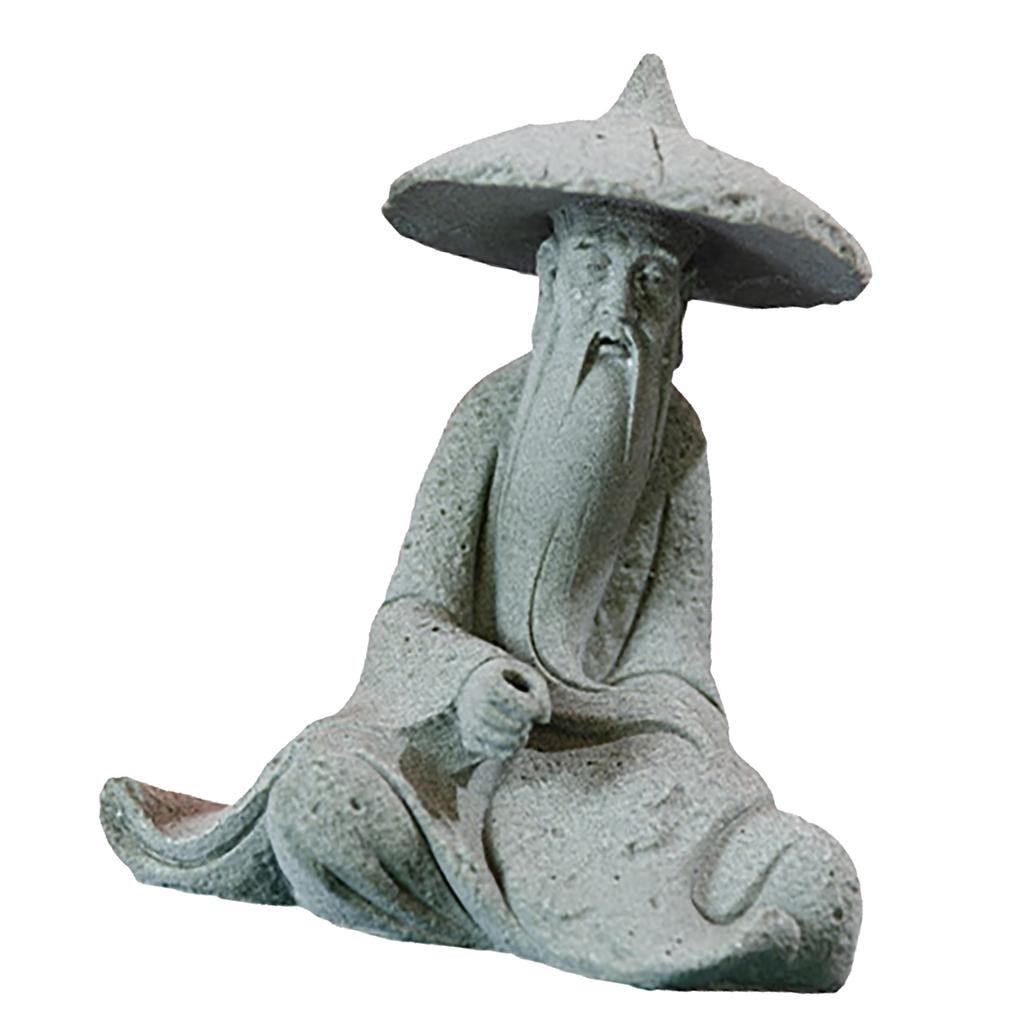 Mini Fisherman Statue Aquarium Sitting Fishing Figurine Asian Zen Decoration Sandstone Vintage