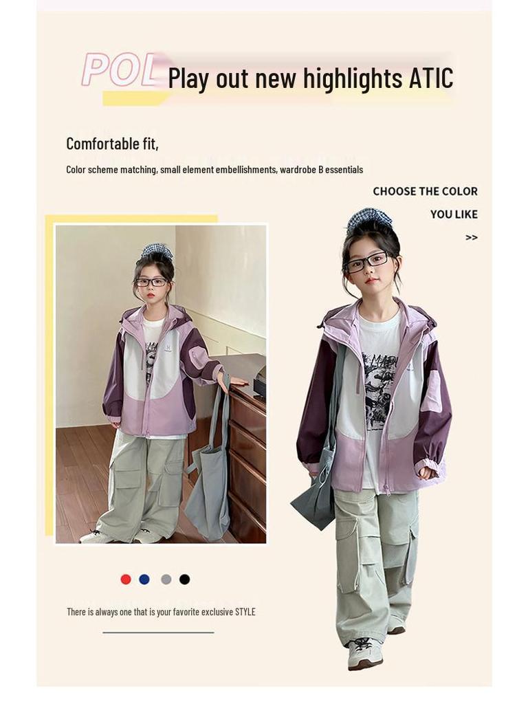 Girls' Color Block Hooded Windbreaker - Spring/Autumn 2025 Casual Sports Jacket for Big Kids