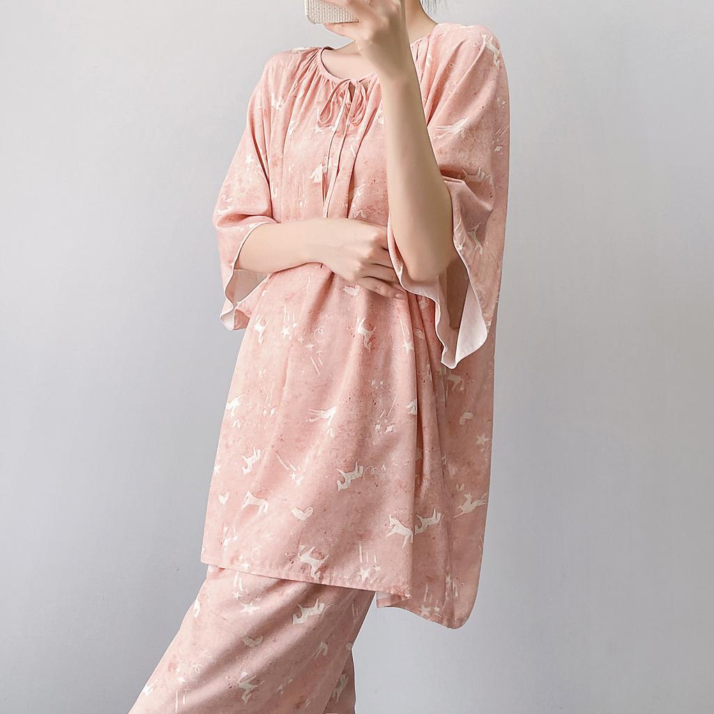 Cool loungewear women's summer thin short-sleeved cotton and silk pajamas can be worn outside, loose national style suit, advanced vacation style