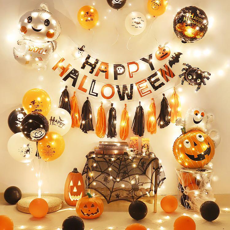 Halloween Theme Balloons and Pumpkin Lanterns for Indoor Decoration and Wall Scene Layout